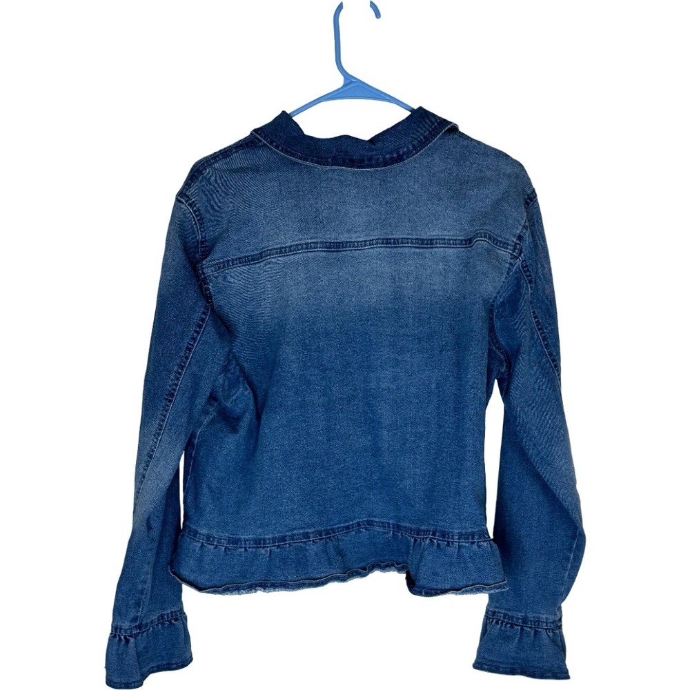 Baccini Denim Jacket Women XL Blue Ruffle Cuff Peplum Hem Button Front Jean Coat - Picture 7 of 11